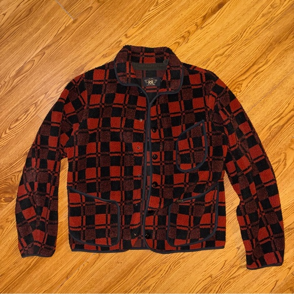 RRL Plaid Jacquard Fleece Jacket Red Multi Black Small Like New - Picture 12 of 15